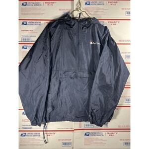 Champion Pullover Jacket Mens Large Hooded Windbreaker Black Recycled Polyester